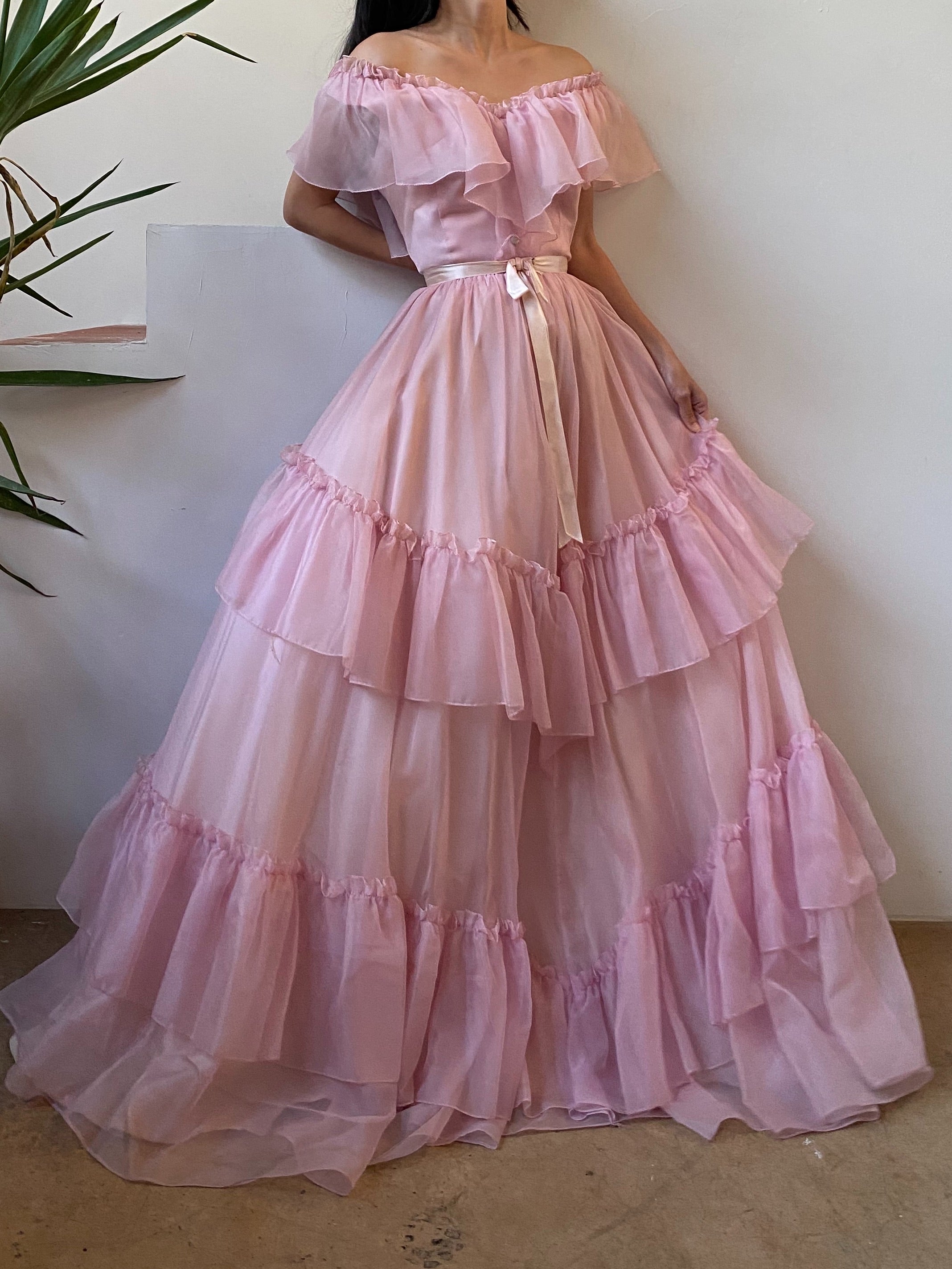 Vintage Pink Voile Chiffon Ruffle Dress ...